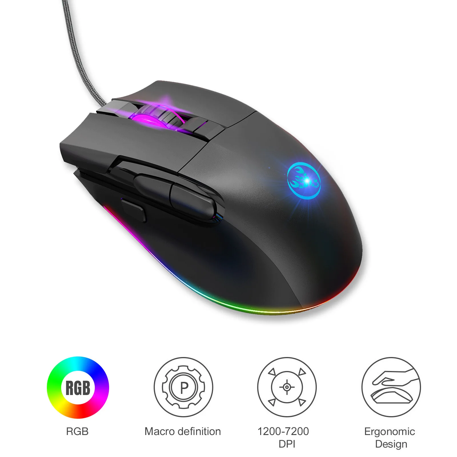 

Wired Gaming Mouse Programmable Macro RGB Luminous 8D 7200DPI Adjustable Mouse Gamer Mice Home Office Laptop PC Computer