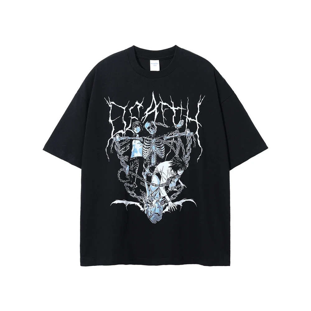 

Japan Style Cartoon Black Vintage Anime O-Neck T-Shirts Men Retro Harajuku Summer Oversized Cotton Tops Tees Streetwear Hip Hop