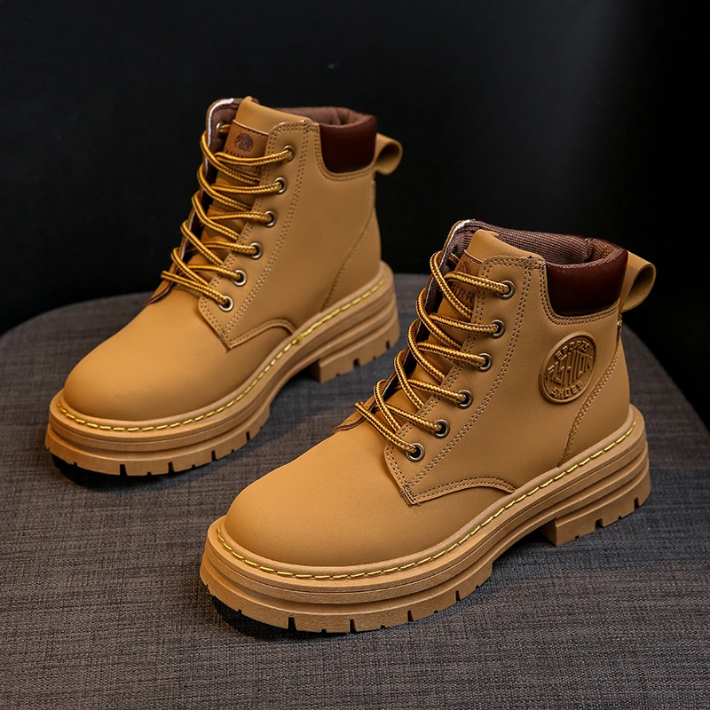 

Новинка 2023, высокие ботинки, женская кожаная обувь, модные мотоциклетные военные ботильоны для женщин, зимние ботинки, женская обувь на шнуровке