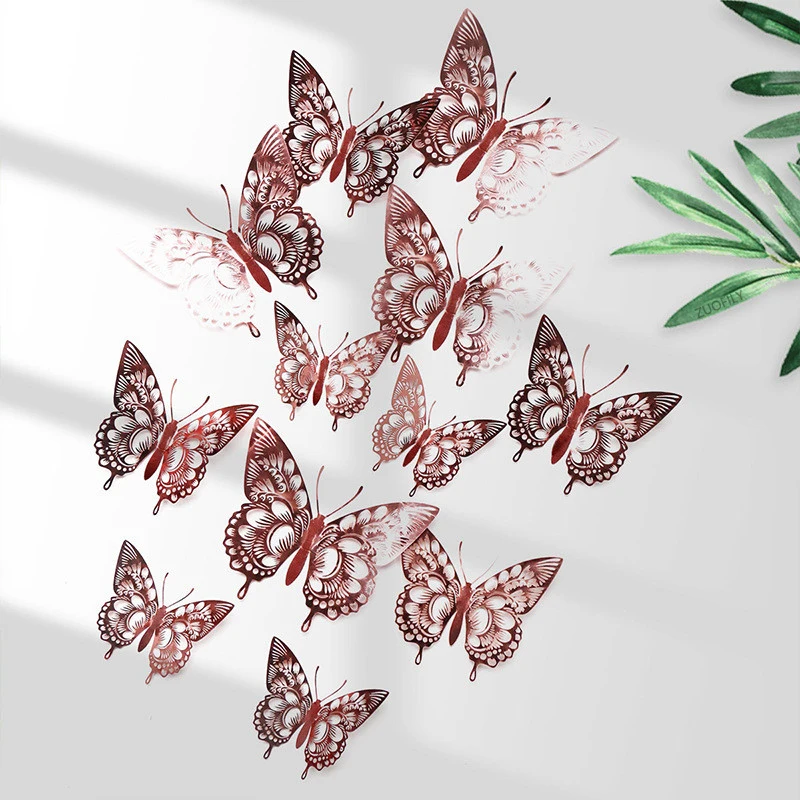 

12pcs/set Hollow 3D Butterfly Wall Sticker for Wedding Decoration Living Room Window Home Decor Gold Silver Butterflies Stickers