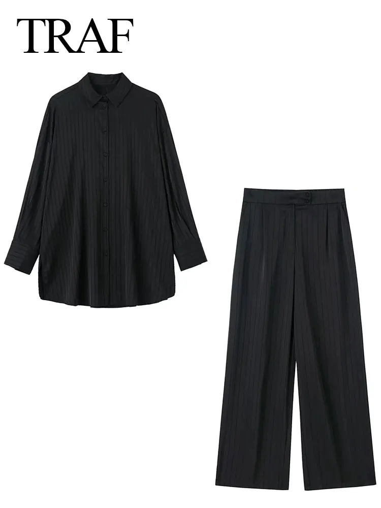 

Костюм TRAF ZA женский в черную полоску, модная блузка и брюки с широкими штанинами, в стиле унисекс, благоприятный для кожи