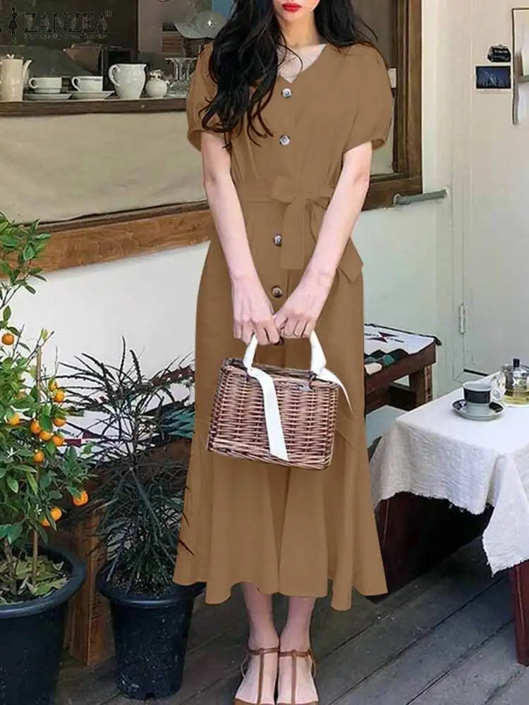 

Платье ZANZEA женское повседневное средней длины, модный винтажный длинный сарафан с V-образным вырезом, однотонное пляжное платье с одной грудью, праздничное платье-годе с поясом