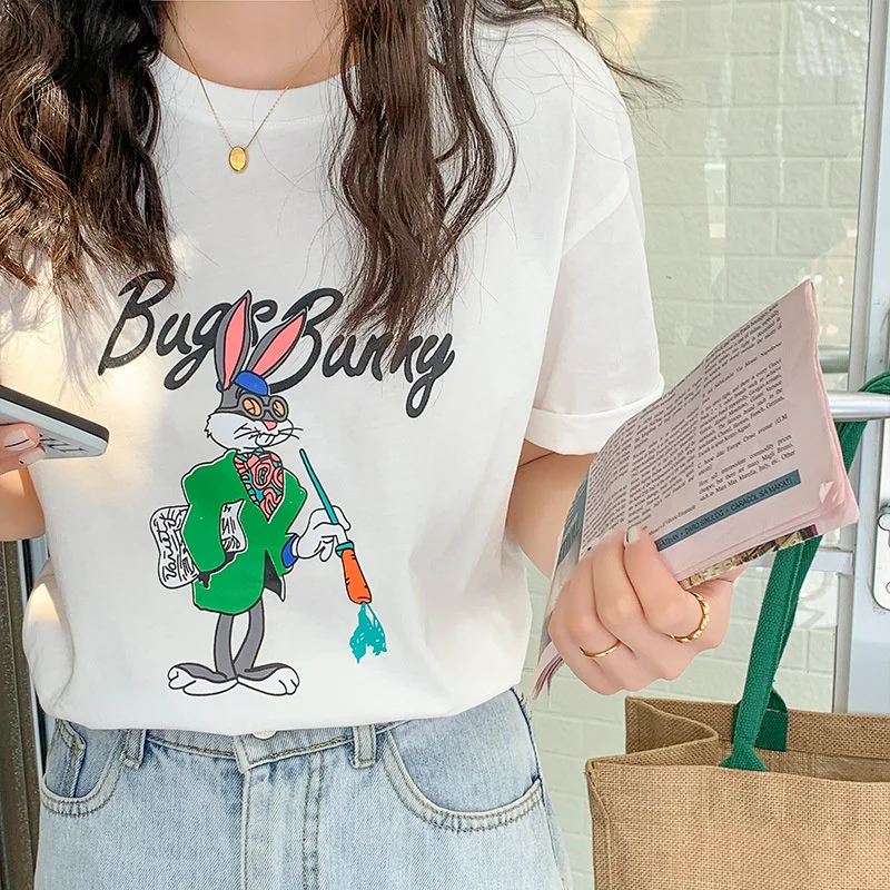 

Ulva cotton short sleeve T-shirt women's Korean version summer round neck loose cartoon printing half thin top fashion