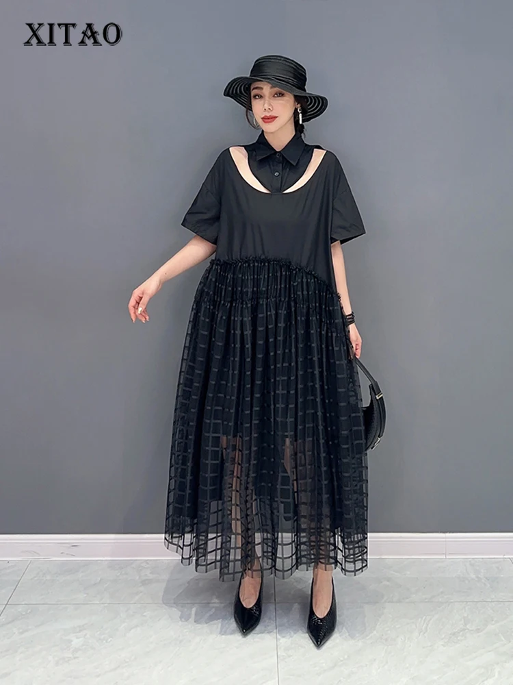 XITAO Black Hollow Out Collar Shirt Dress Loose Fashion Folds Mesh Hem 2023 Summer New Simplicity Turn-down Collar Women DMJ1649