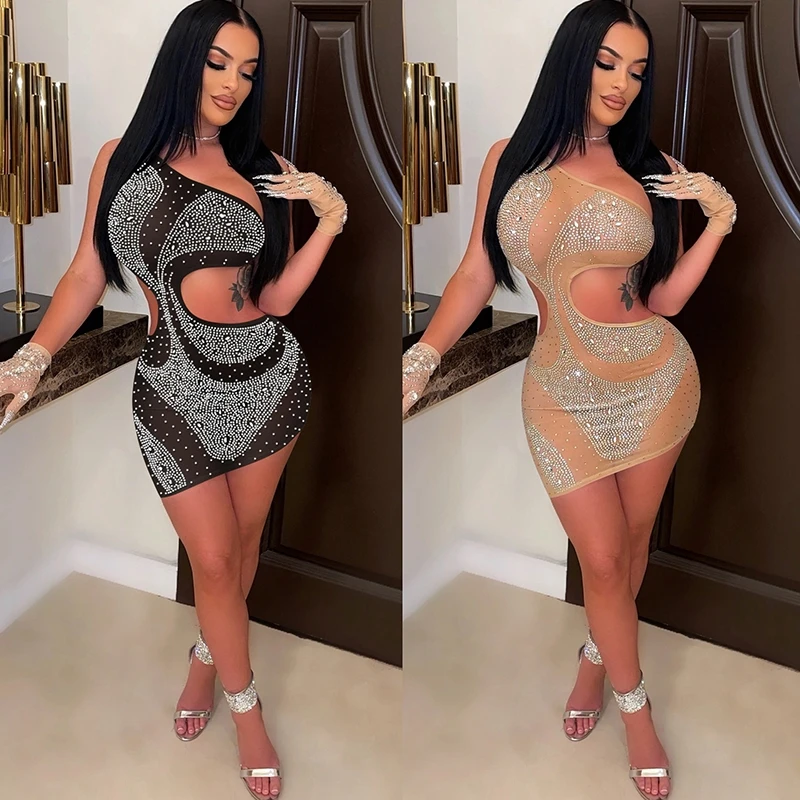 

Sexy Backless Irregular Nude Sheer Mesh Crystal Rhinestone Dress Glam Cut-Out Sequins Bodycon Short Party Dresses Club Outfits