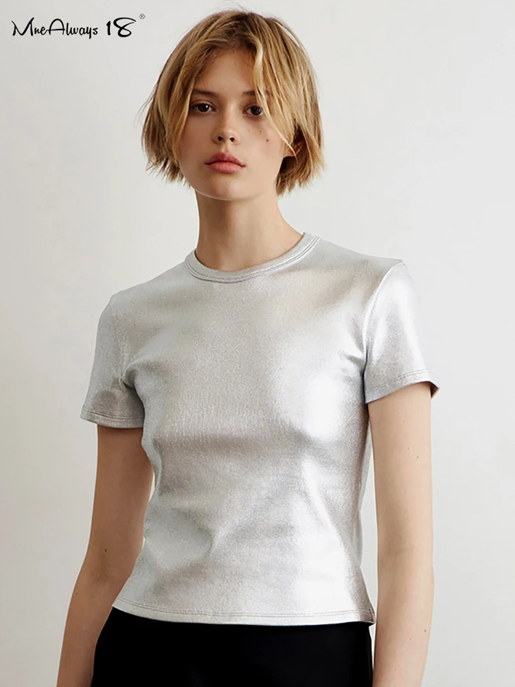 

Mnealways18 Silver Round Neck Basic Tee Shirts Women Street Style Short Sleeve Cropped Tops Brightly Gray Slim T-Shirt Lady 2023