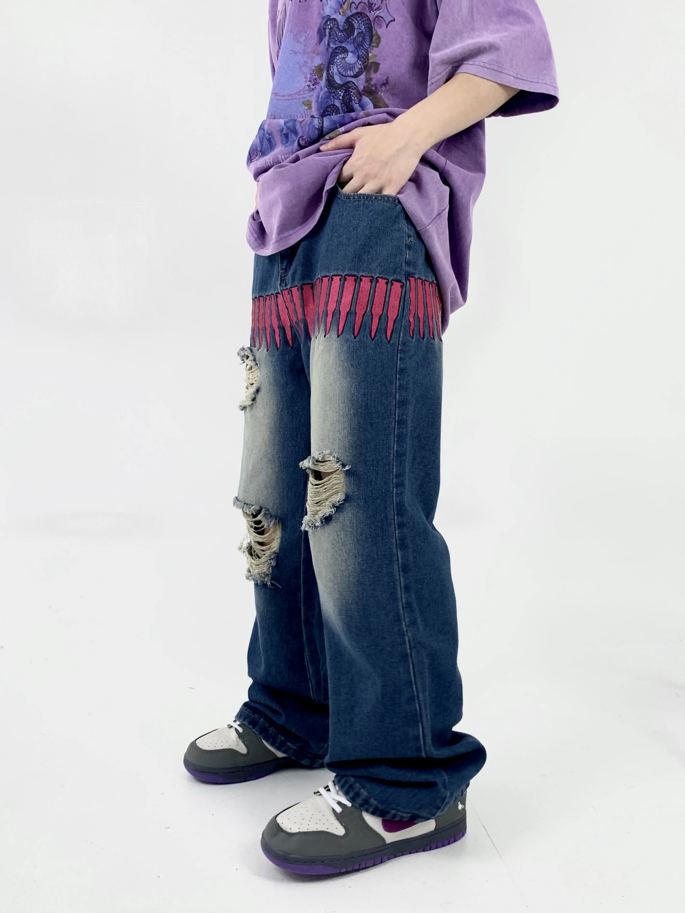 Four Seasons Retro Bullet Embroidery Ripped Jeans Men's High Street Ins Trend Loose Straight Trousers Streetwear Ins Hot Sale