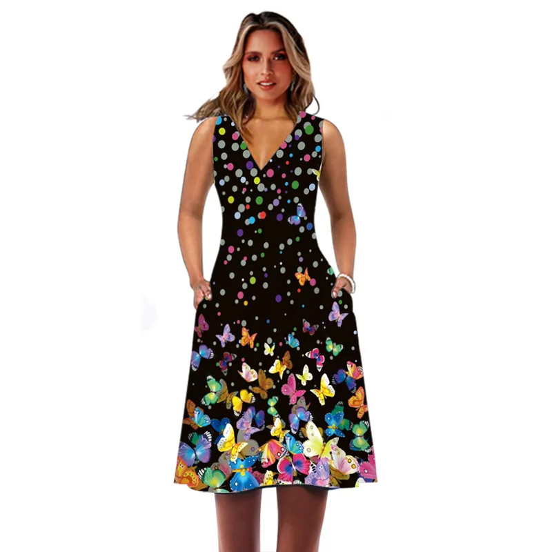 

Summer Dress Women Elegant Dot Butterfly Print Sleeveless Loose Casual Party Robe Female Vintage Boho Beach Dresses Vestidos