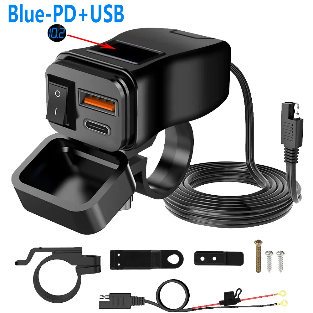 

Быстрое зарядное устройство PD + QC3.0 для мотоцикла, 60 Вт, двойной USB разъем на руль с переключателем, вольтметр, водонепроницаемый адаптер источника питания 12 В