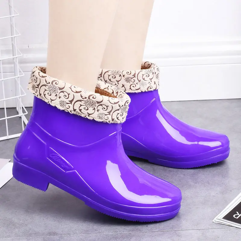 Feerldi Purple Women Waterproof boots Low Heels Colorful Polka Dot Rain for women Plush Warm Water Shoes