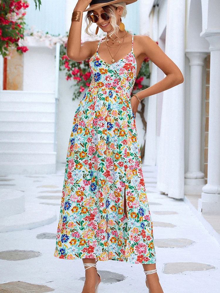 Женское платье на бретелях-спагетти с V-образным вырезом и открытой спиной