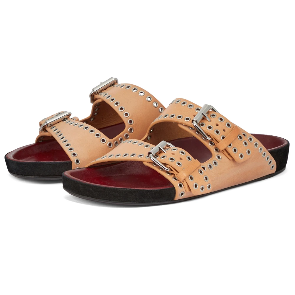 Summer Thick-Soled Buckle Rivet Slippers New Cowhide Open-Toe Beach Vacation Flat Sandals Sandal Roman Big Size 43 Female Casual