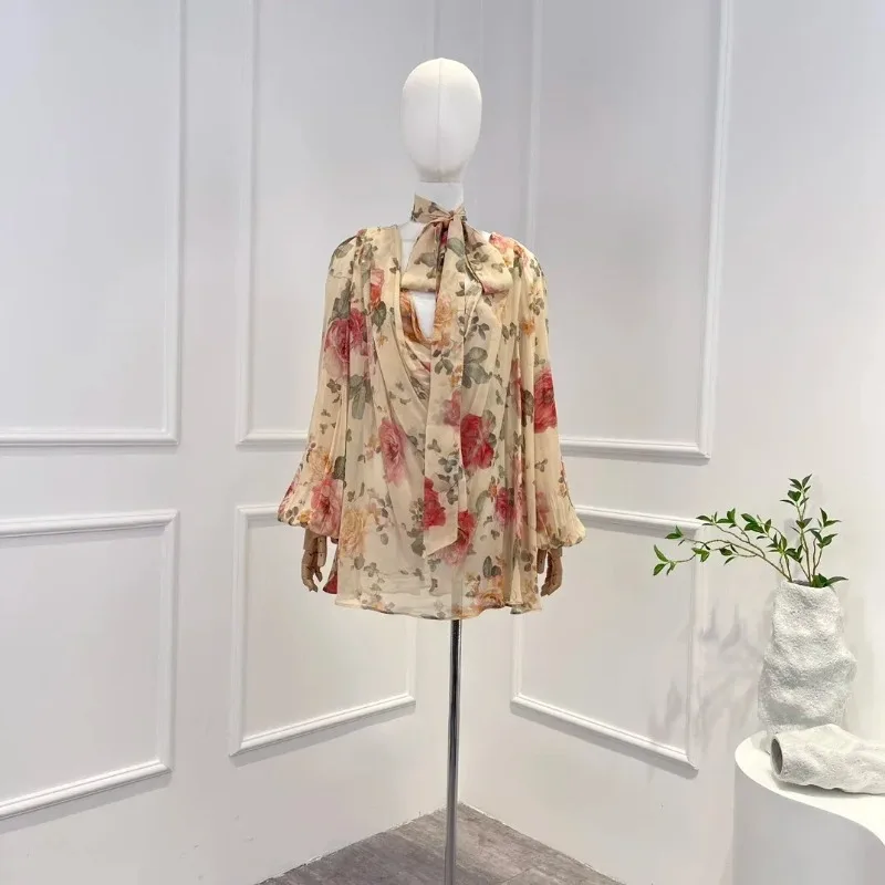 

2023 New Arrivals High Quality Floral Printing Long Lantern Sleeve Neck Self Tie Loose Pleated Casual Women Blouse