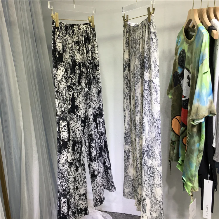 

Fashion Printing Wide Leg Pants for Women New Summer All-match Elastic High Waist Streetwear Mopping Floor Chiffon Long Trousers