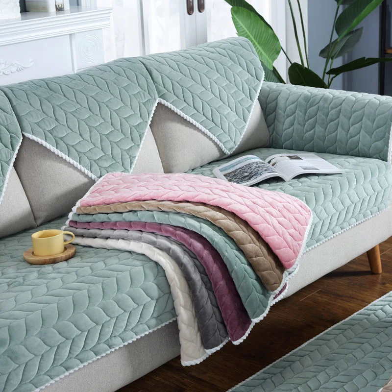

Thick Plush Edging Sofa Cover Solid Color Non-slip Filling Cushion Backrest Towel Furniture Protection Cover For Living Room