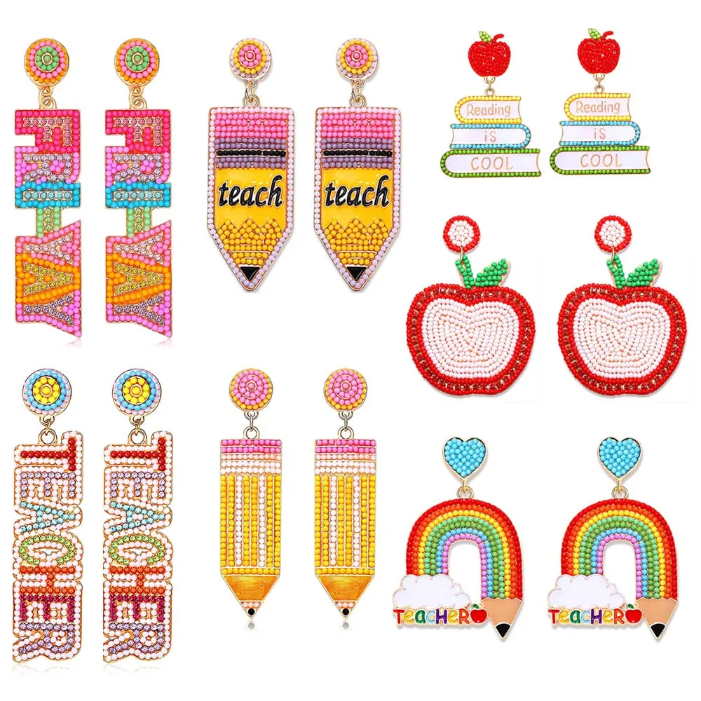 KMOKN Beaded Teacher Earrings Statement Pencil Apple Book Drop Earrings Teacher Appreciation Gifts Back To School Jewelry Set