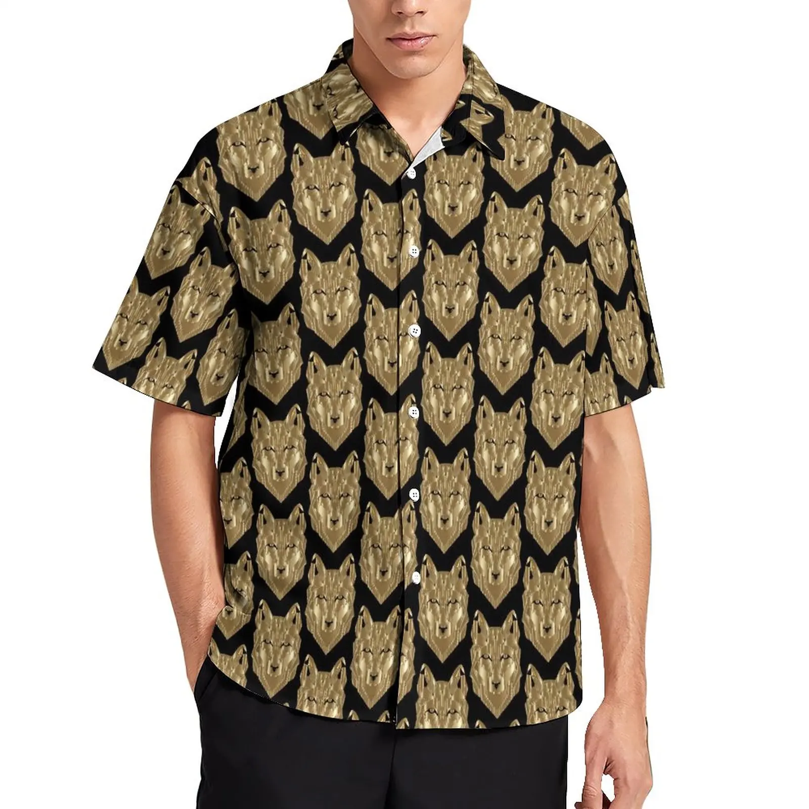 

Gold Wolf Print Loose Shirt Man Vacation Funny Animal Casual Shirts Hawaii Graphic Short Sleeve Cool Oversized Blouses