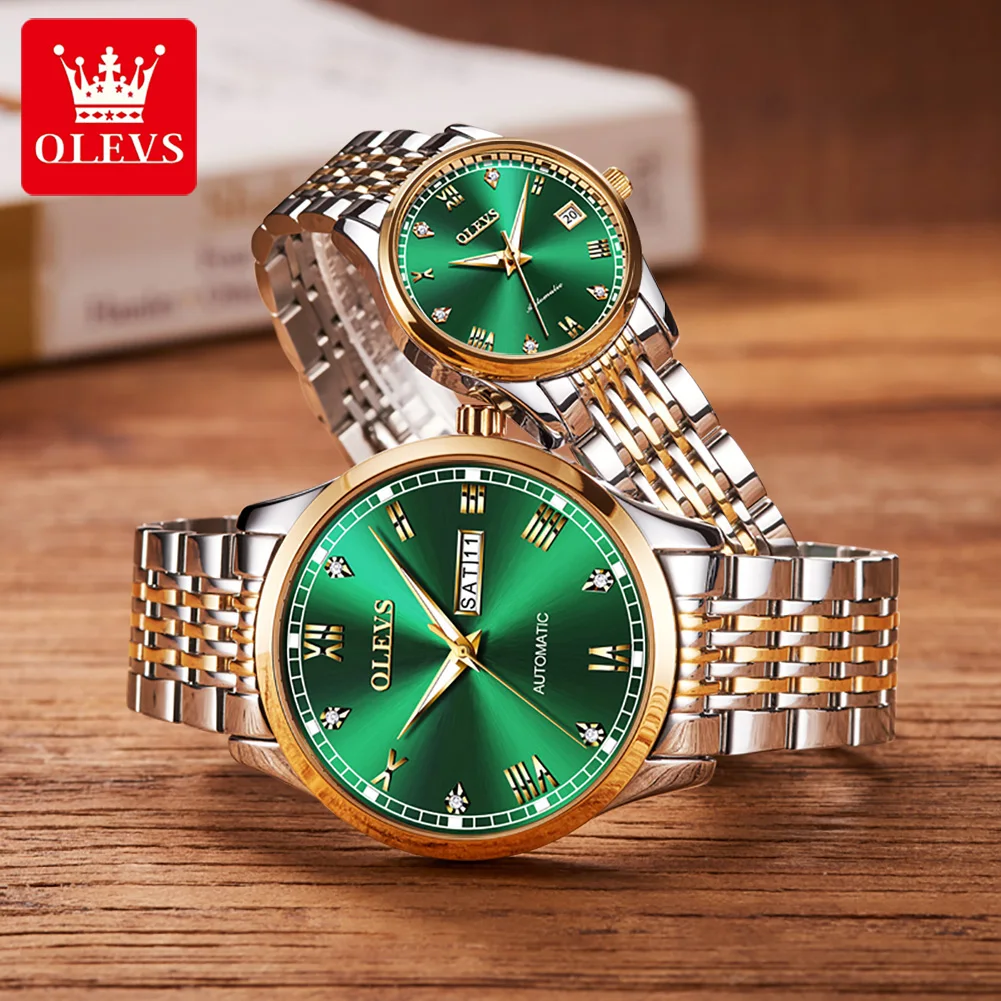 OELVS Brand Couple Automatic Watch Luxury Stainless Steel Waterproof Business Mechanical Watches with Week Date Luminous Hands
