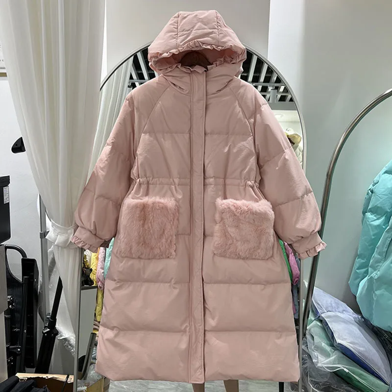 Korean Winter Hooded 2022 women's Mid-Length Down Jacket New Fur Stitching Pockets Loose Puffer jacket trend