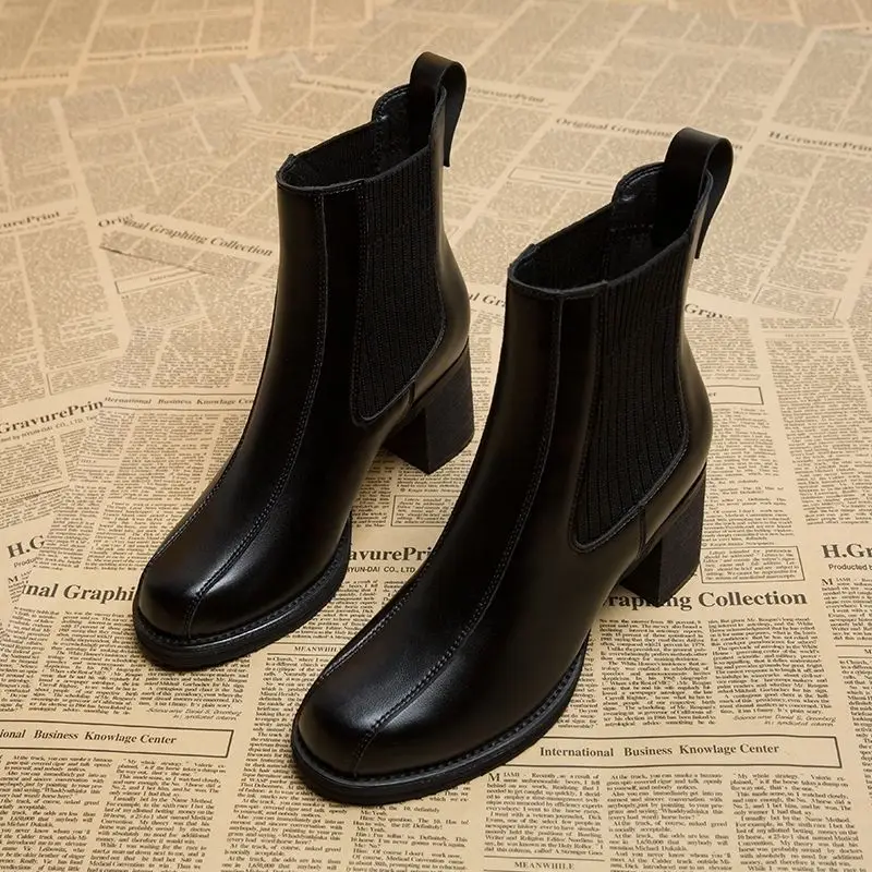 

Новинка 2022, женские эластичные ботинки FHANCHU, модные зимние ботинки на высоком каблуке с квадратным носком, ботинки челси, черные ботинки без шнуровки, Прямая поставка