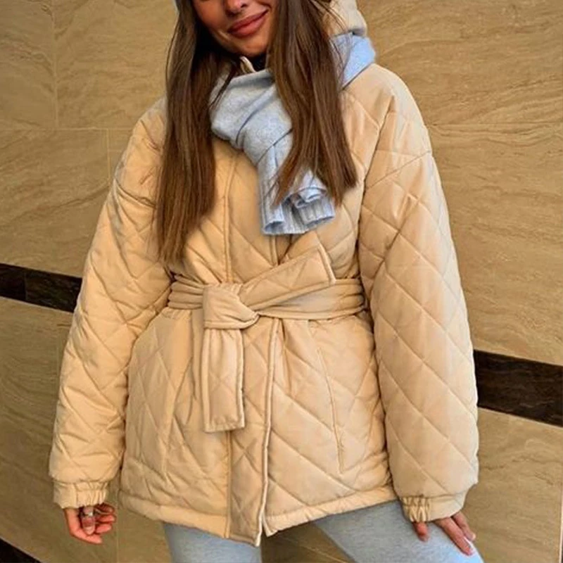 Women's Hooded Warm Parka Coat Winter Office Ladies Button Long Diamond Pattern Jackets Solid Color Casual Thick Cotton Jacket