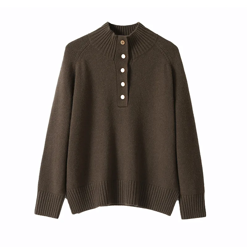 Свободный свитер из овечьей шерсти с вырезом на пуговицах реглан зимний джемпер
