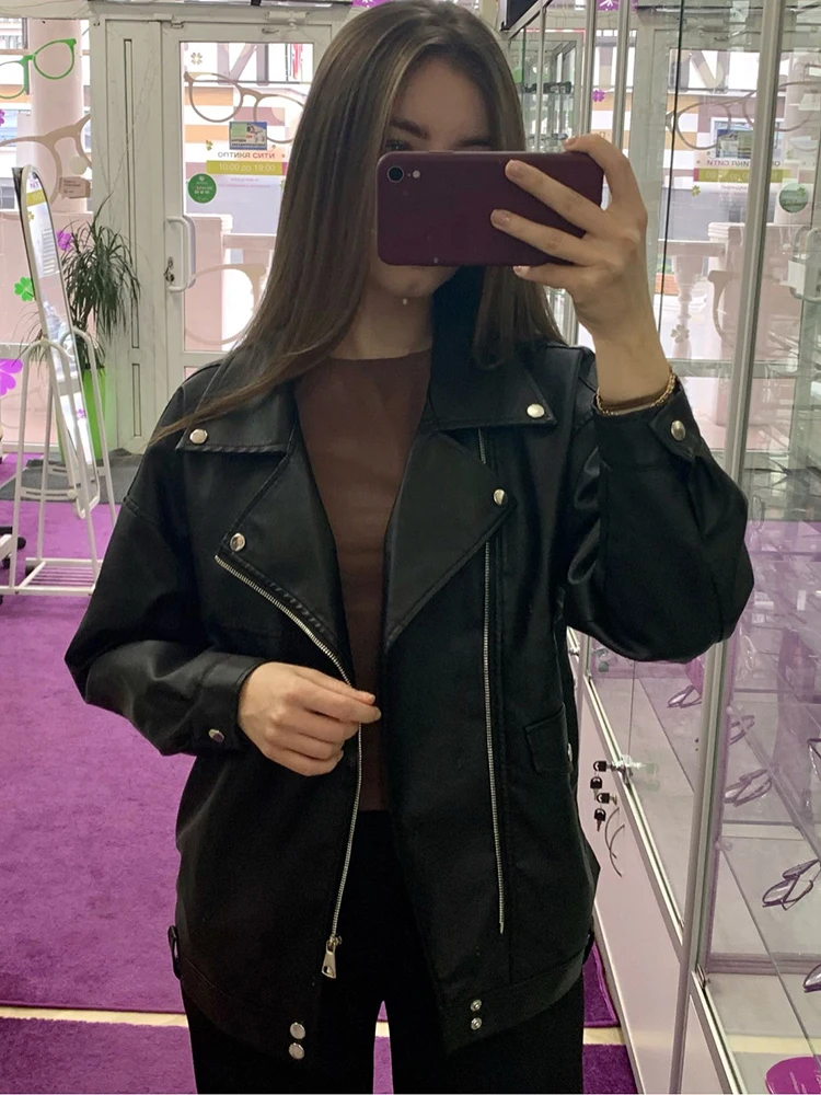Faux Leather Jacket Women Casual PU Loose Motorcycle Jackets Female Streetwear Oversized Coat Korean Chic Spring Leather Jacket