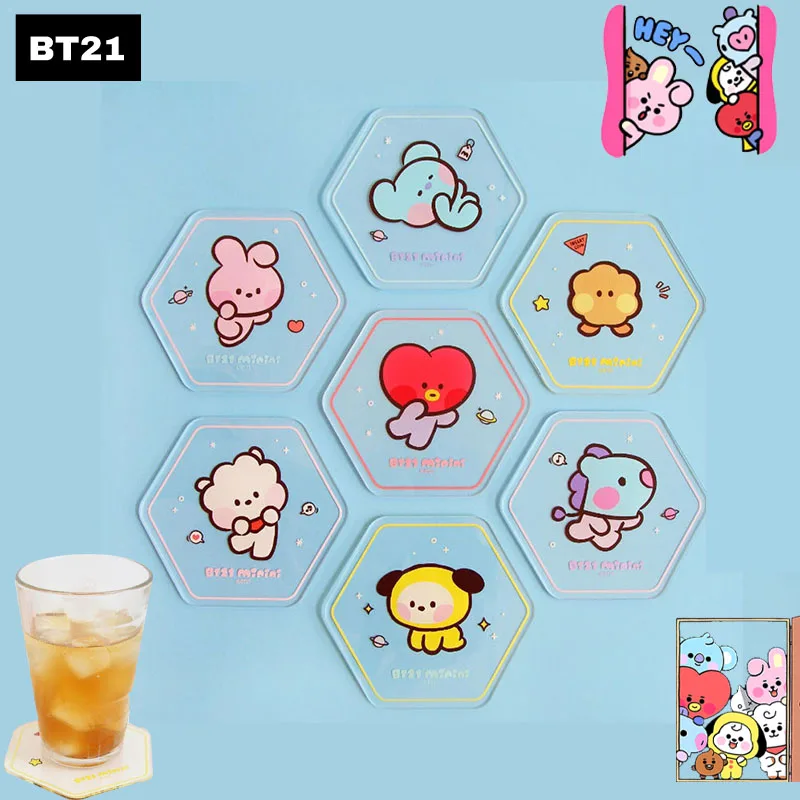 

Bts Kawaii Bt21 Anime Coaster Tata Rj Shooky Koay Acrylic Cup Accessories Cartoon Doll Kpop Stars Peripherals Household Supplies