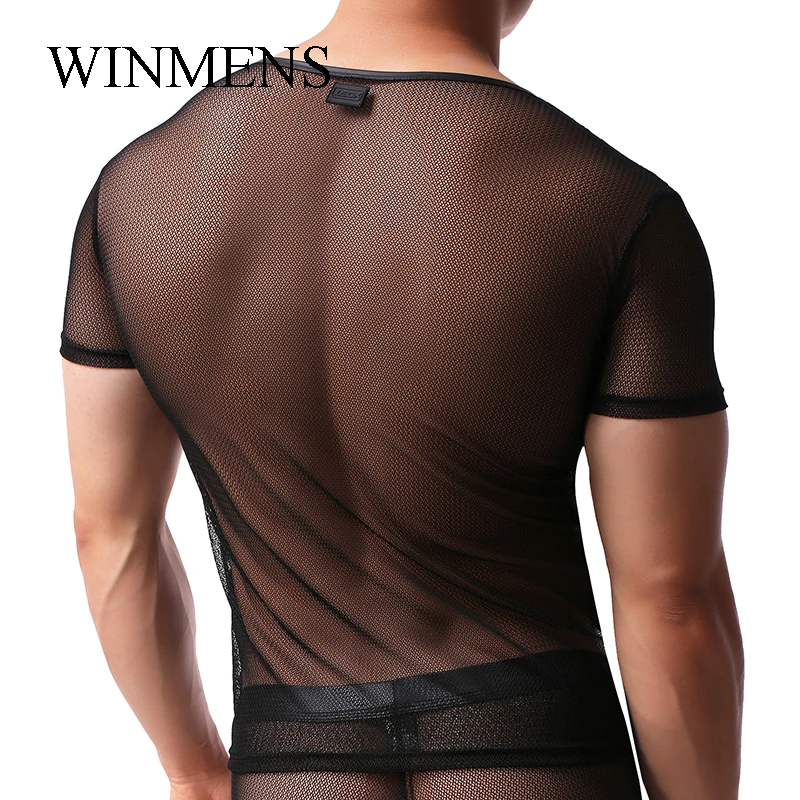Men's Undershirt Black Mesh See Through Man Short Sleeve Cut-outs Breathable Sissy Sexy Tops V-neck Fitness Bodybuilding Shirts