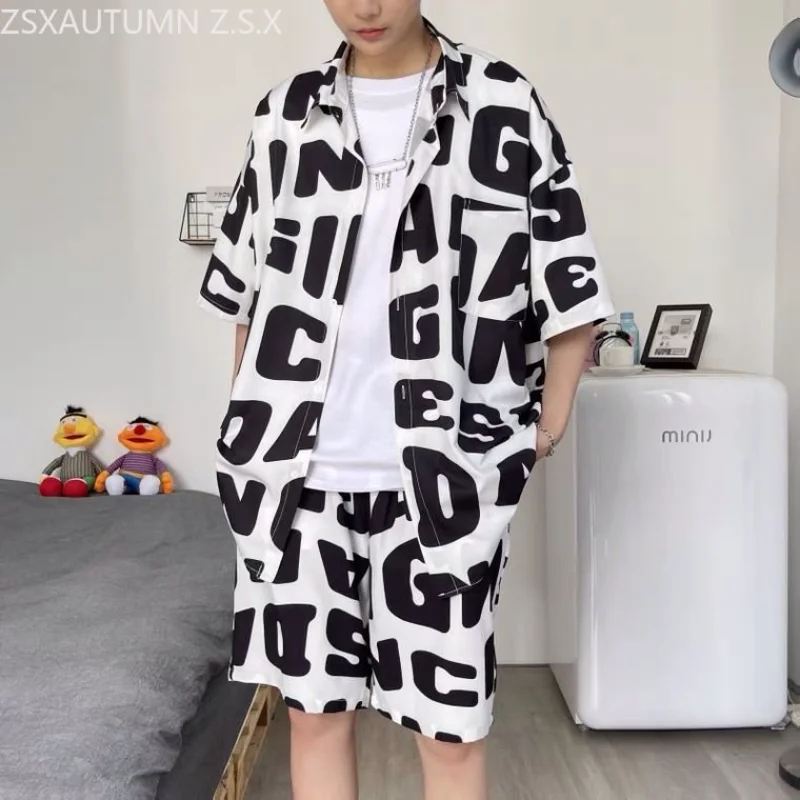 

Letter Printing Shirt Men's Shorts 2-Piece Set Summer Beach Shorts Ice Silk Suit Korean Fashion Men 2023 New Male Clothing