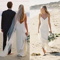2022 simple beach spaghetti strap wedding dress sleeveless v neck open back bridal gown with veil robe de mari%c3%a9e custom made