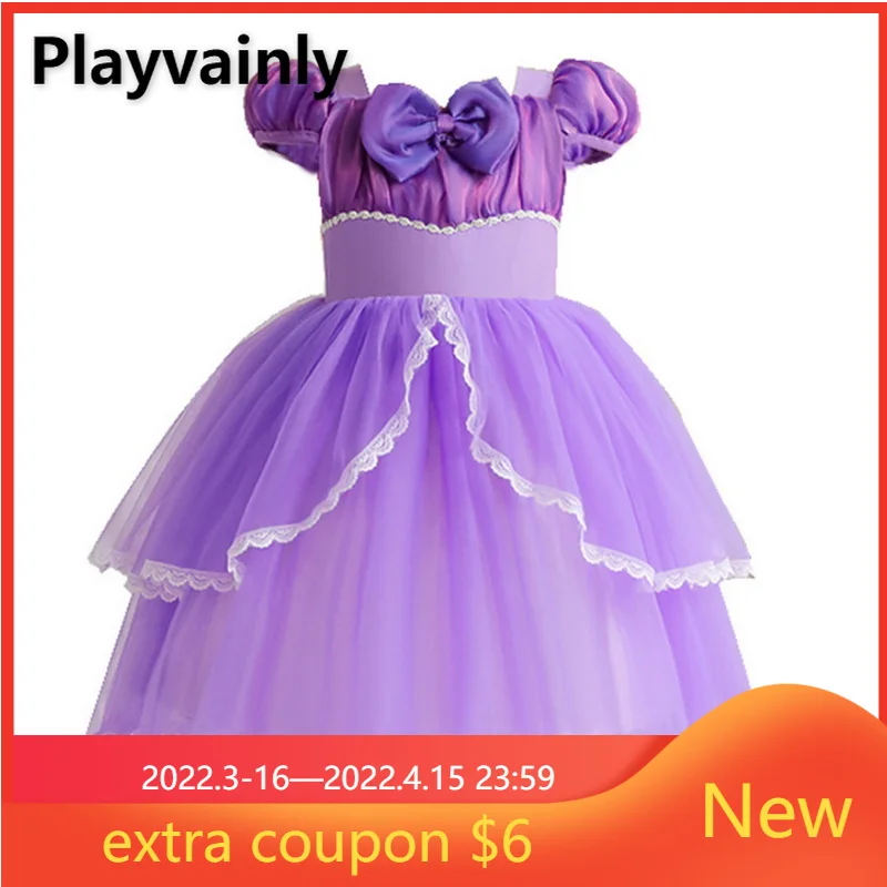 

Летнее платье для косплея для маленьких девочек, сетчатые фиолетовые платья для принцесс с квадратным воротником и бантом, детская одежда, ...
