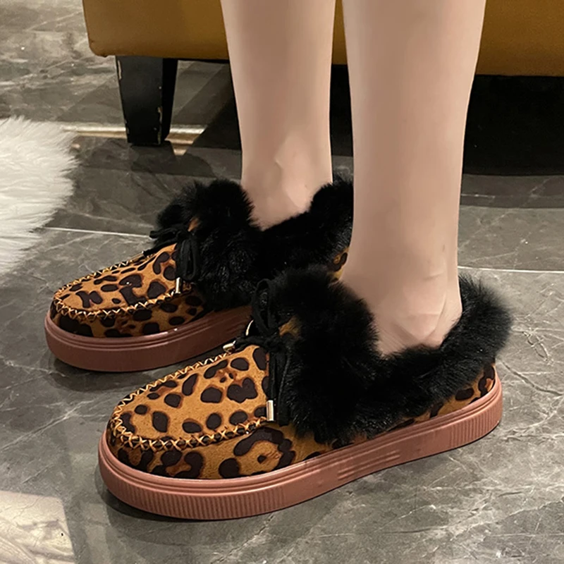 

Ботинки женские зимние на платформе, искусственный мех, теплые, с леопардовым принтом, бант, толстая плюшевая хлопковая обувь, большие размеры 43