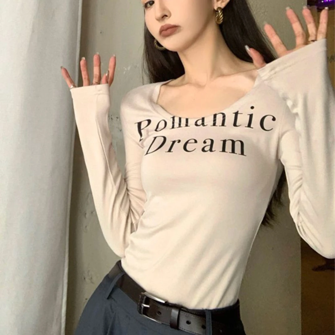 

Vintage Bottom Shirt Women's Fall Slim Low O Neck Long Sleeved T Shirt Y2k Spicy Girls Basic Letter Tight Fitting Top Chic