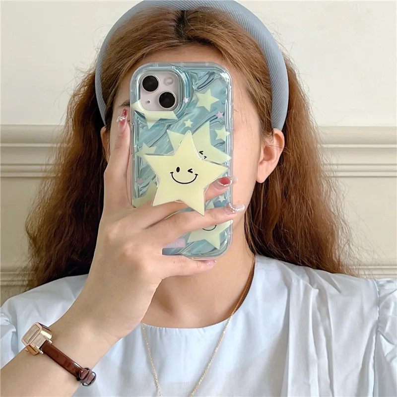 

Korea Pop Cartoon Ring Holder IMD Phone Case For iphone 14 12 13 Pro Max i11 Girls Cute Smile star 3D diy Stand Clear Soft cover