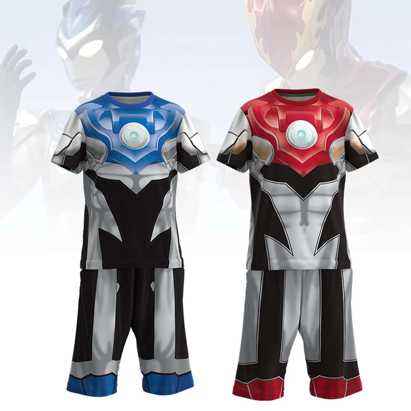 

Children's Cartoon Ultraman Blue Luminous Short-Sleeved Suit 2022 New Handsome Boy Superhero Clothes Suit