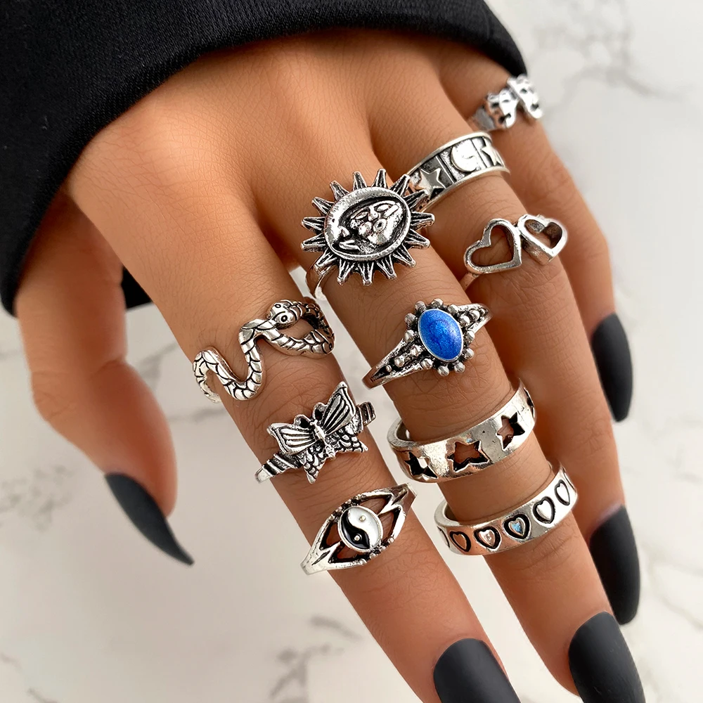

Vintage Ancient Silver Color Punk Ring Set For Women Girls Snake Smile Fashion Men Jewelry Gothic Adjustable Rings