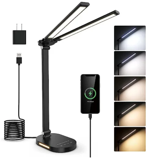 

Dimmable Dual-Head Wireless Charging Desk Lamp Eye Protection Bedroom Study Dormitory Night Light Foldable Piano Reading Lamps