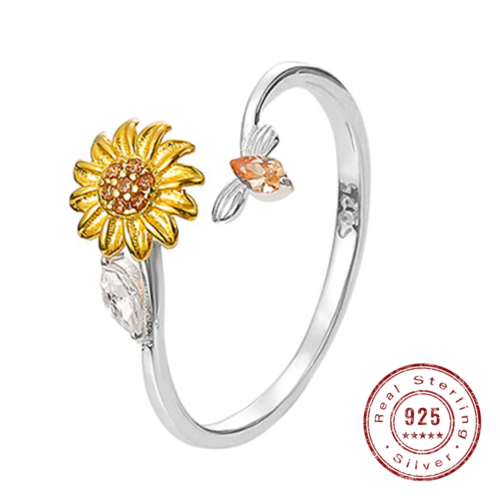 

S925 Sterling Silver Spinning Fidget Rings for Women Cubic Zirconia Sunflower Bee Anxiety Ring Anti-stress Rotating Jewelry Gift