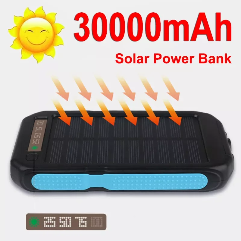 

2023New Two-way Fast Charging Solar Power Bank 30000mAh Emergency Digital Display Backup External Battery with SOS Light For Pho