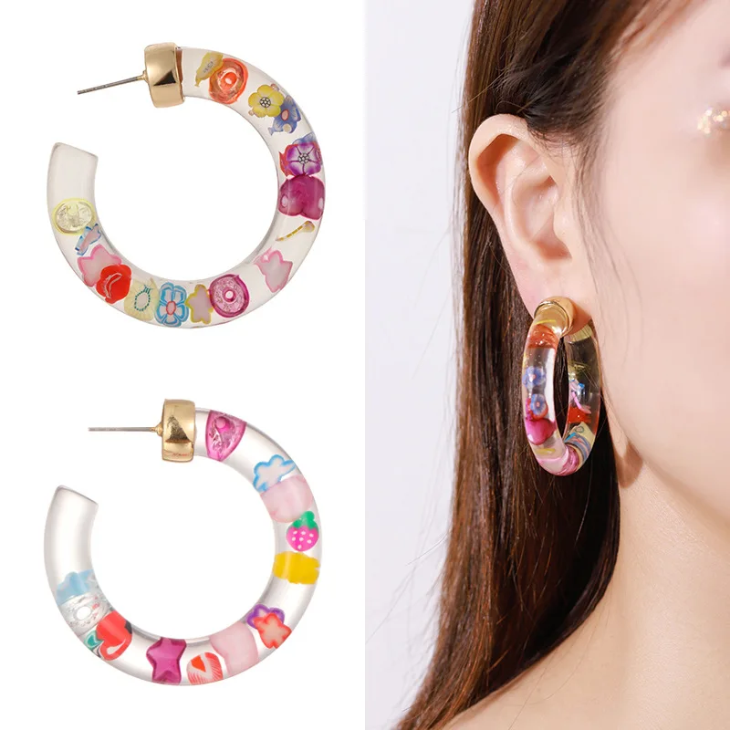

Fashion C -shaped Circle Alloy Earrings Colorful Soft Pottery Flower Love Earrings Geometric Shape Jewelry for Women