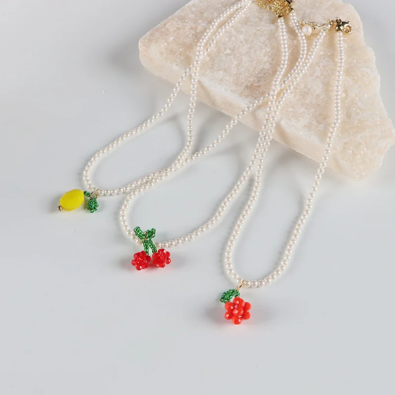

Minar Cute Lovely 3 Styles Glass Beads Braid Cherry Lemon Orange Pendant Necklaces for Women Simulated Pearl Choker Necklace