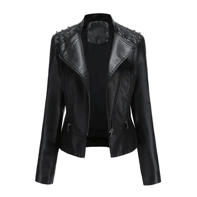 

New Women Autumn Winter Faux Soft Leather Jackets Coats Lady Black PU Zipper Epaule Motorcycle Streetwear