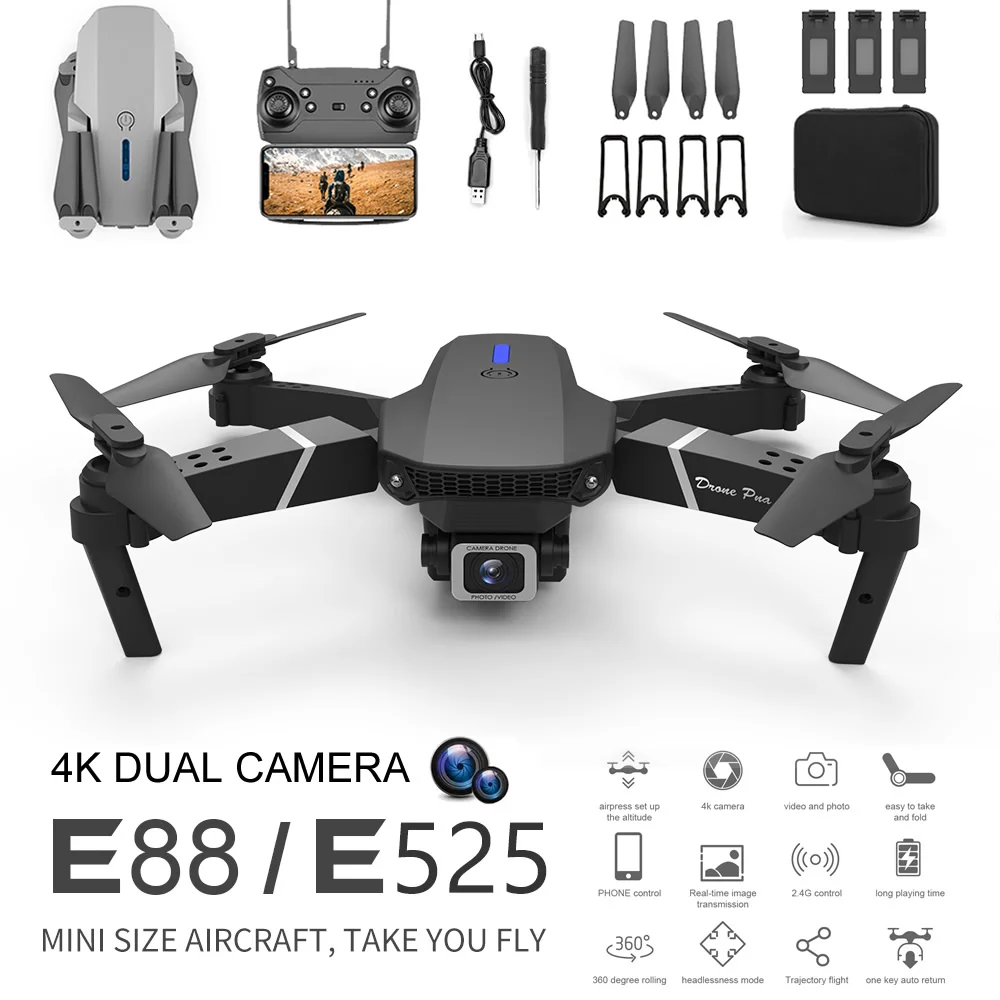 

E88/E525 Black Folding Quadcopter RC Mini Drone 4K Professional Aerial Photography HD Camera FPV Remote Control Helicopter Toys