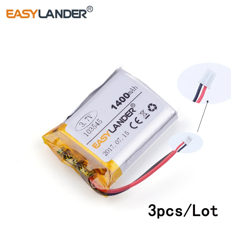 

3pcs /Lot 3.7v 103545 1400mAh lithium Li ion polymer rechargeable battery For vehicle traveling data recorder LED speakers toys