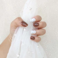 fashion brown white fake nails press on nails long ballerina manicure french tips coffin false nails patches with designs h42