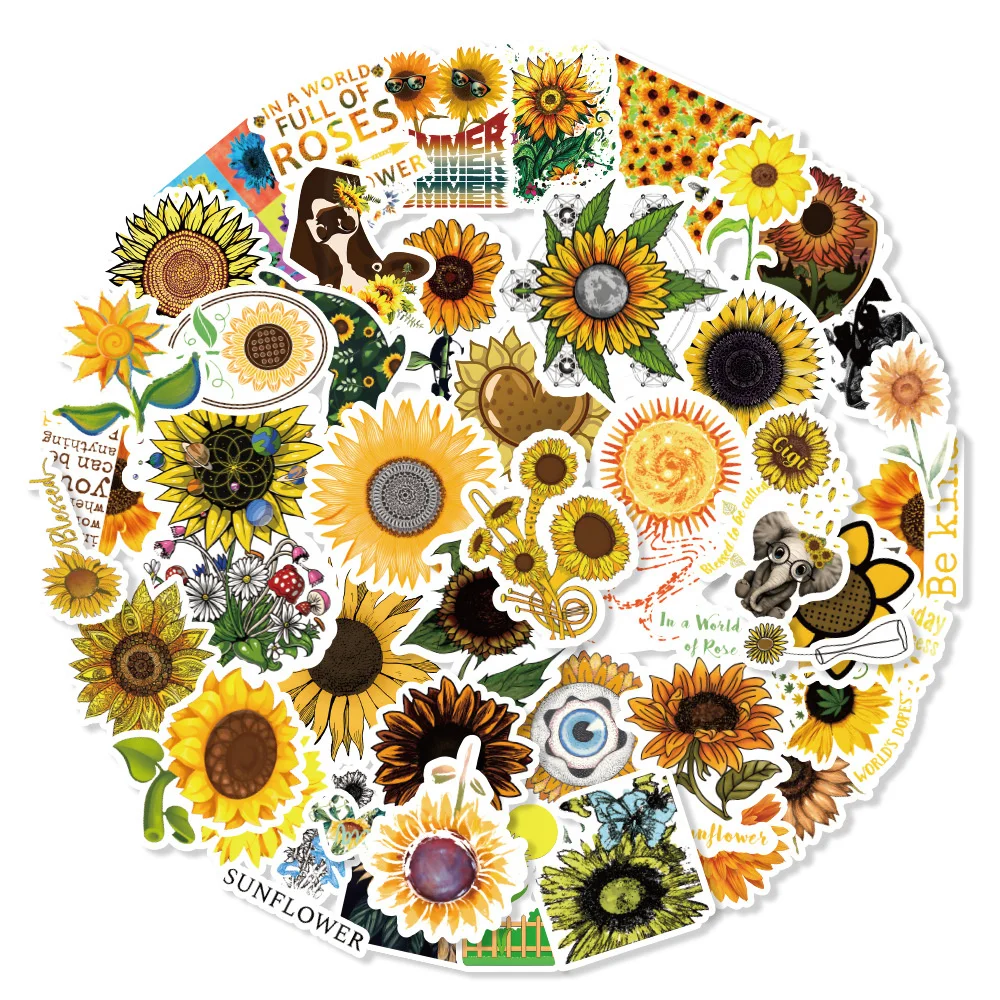 

10/30/50PCS Sunflower Graffiti Waterproof Sticker Cartoon Plant Creative Trend Decorative Decal Refrigerator Water Cup Wholesale