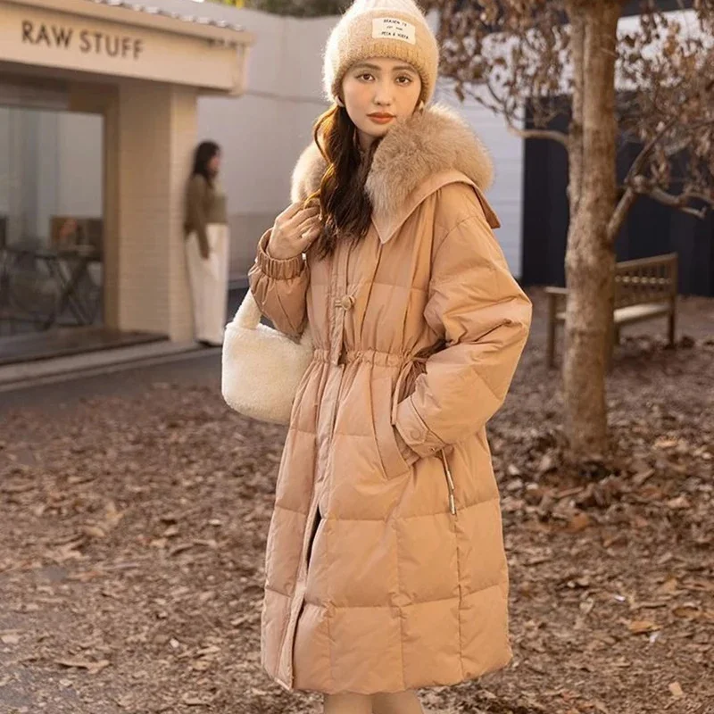 

2023 New Winter Long White Duck Down Coat Down Jacket Women Large Fur Collar Zipper Warm Parkas Female Overcoat Snow Down Jacket