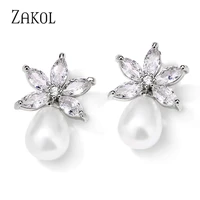 zakol fashion simple leaf cubic zirconia pearl drop stud earrings for women elegant bride and bridesmaid earring wholesale