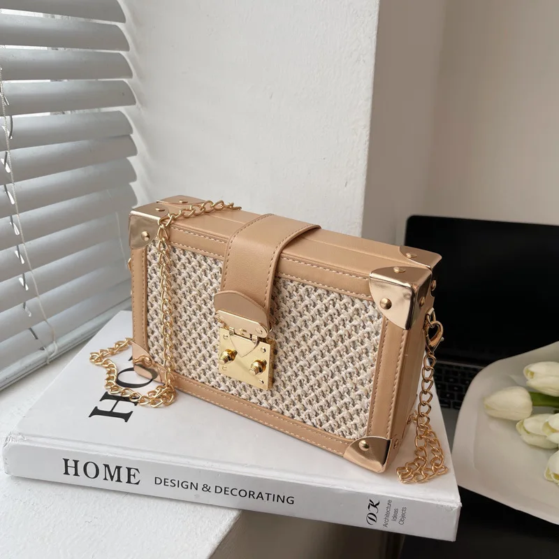 

New Design Straw Woven Stitching Pu Leather Box Design Fashion Women Purses And Handbags Crossbody Chain Bag Shoulder Bag